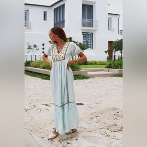 NWT ex VOTO Light Blue 100 % Cotton Dress with floral neckline. Sz small